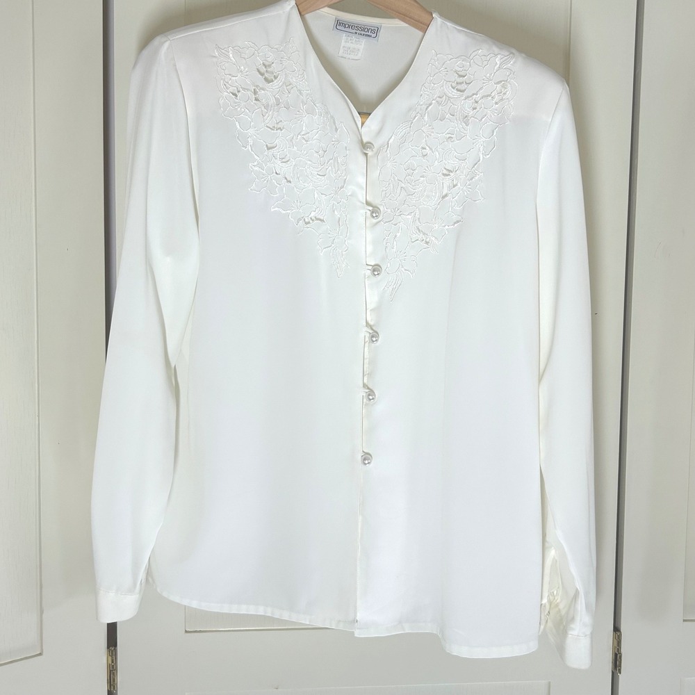 Vintage Impressions of California Blouse Womens 10 Cream Lace Pearl Coquette